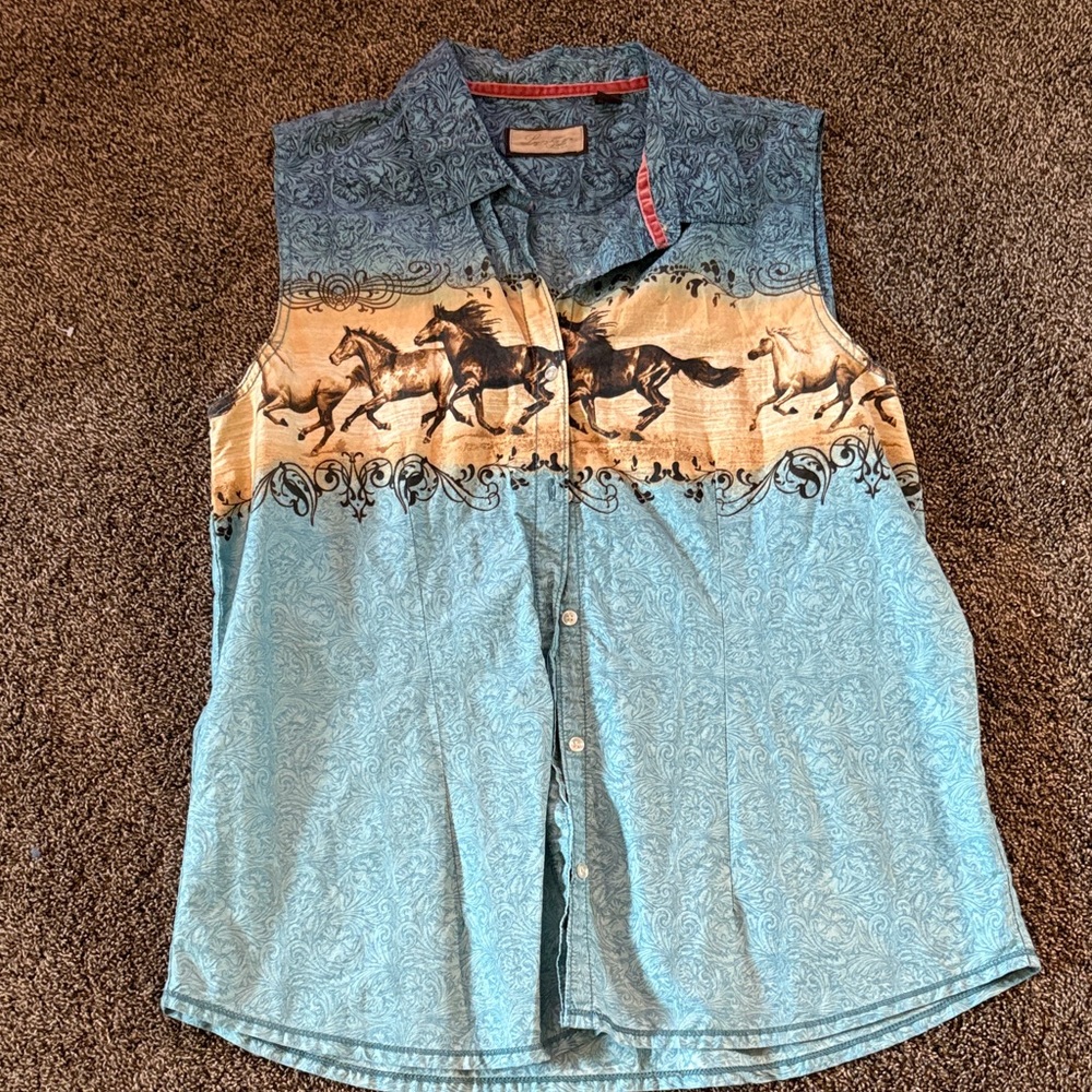 Blue Horse Print Button Down Shirt